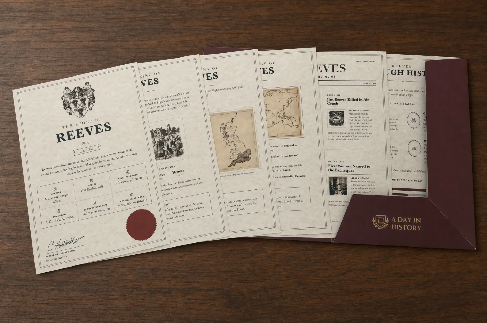 The Surname History Pack with six parchment pages fanned out of its burgundy A Day In History folder